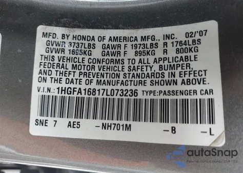 2007 Honda Civic Ex from USA, damaged, VIN 1HGFA16817L073236